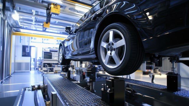 Ein Winkel in der Werkstatt mit einem Autoheber, der ein Auto hochhebt.