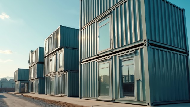 Mehrere Container mit Fenster und Türen sind aufeinander und nebeneinander aufgestellt.