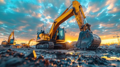 Eine Low-Angle-Aufnahme eines Baggers auf einer Baustelle.